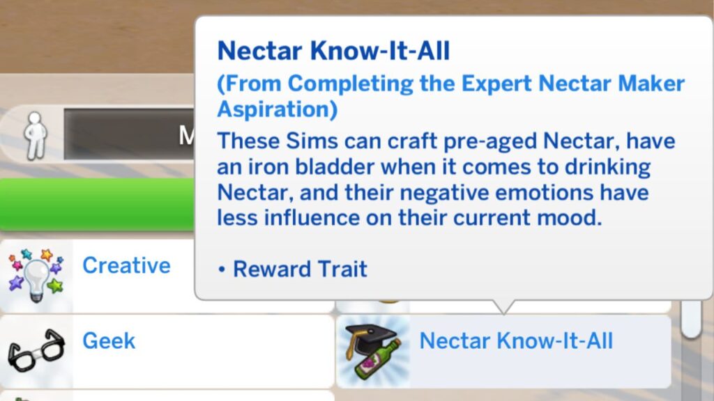 A screenshot from The Sims 4 showing the nectar know it all reward trait and its description