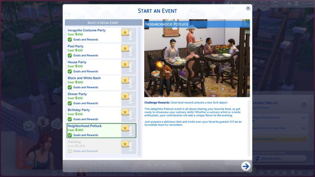 a screenshot from the sims 4 showing the neighborhood potluck event