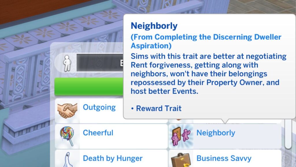 a screenshot from the sims 4 showing the neighborly reward trait you get when you finish the discerning dweller aspiration