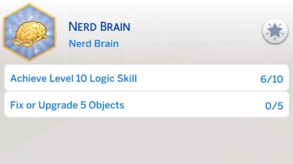 A screenshot from The Sims 4 showing the fourth level of the nerd brain aspiration