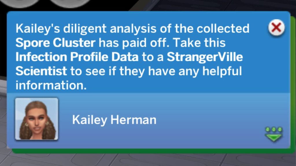 A screenshot from The Sims 4 showing the notification saying you got infection profile data