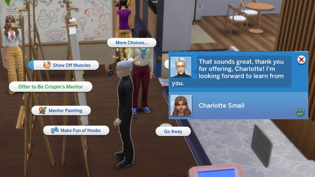 A screenshot from The Sims 4 showing how to ask to be another sim's mentor