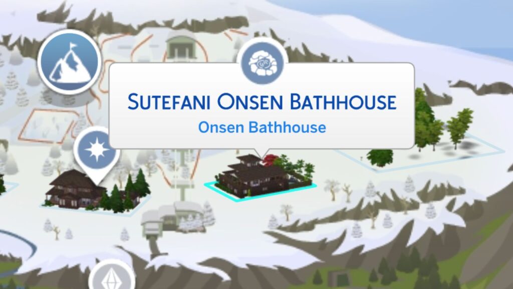 A screenshot from The Sims 4 showing the Sutefani Onsen Bathhouse in Mt Komorebi