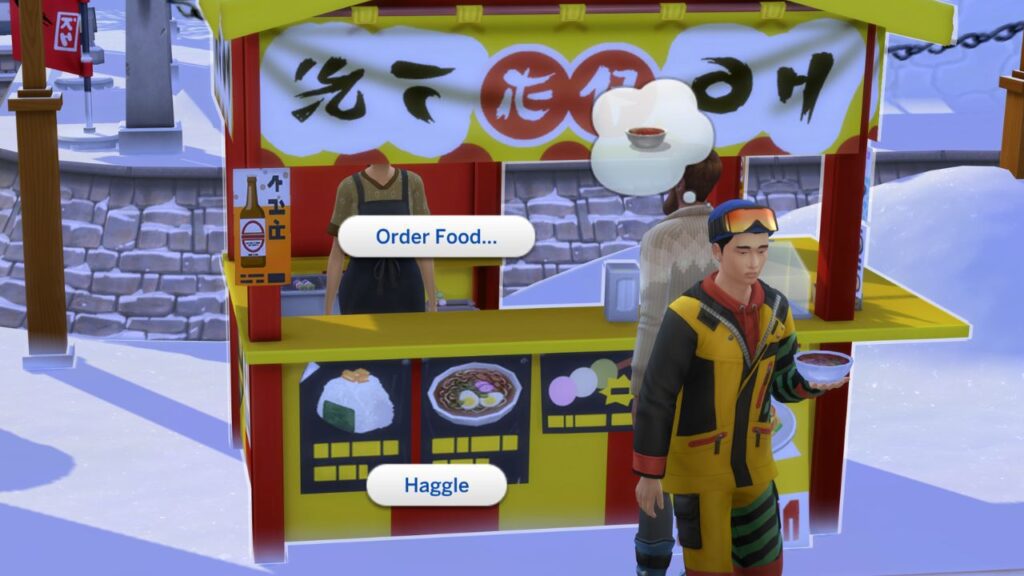 A screenshot from The Sims 4 showing the option to order food at a food stall