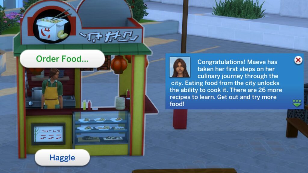 A screenshot from The Sims 4 showing a sim ordering food from a food stall and the notification saying the sim has learned the recipe