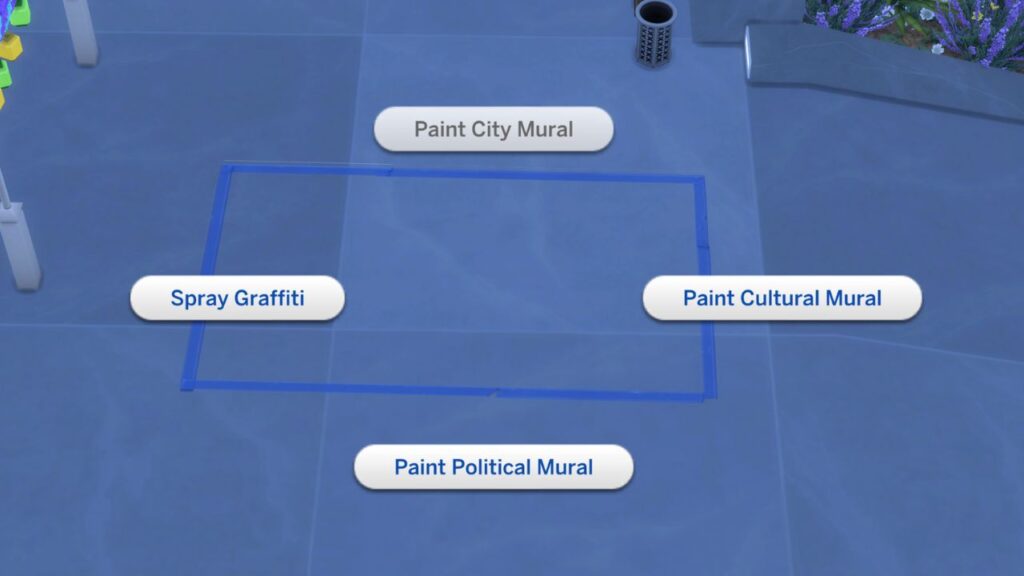 A screenshot from The Sims 4 showing how to paint a mural on the floor