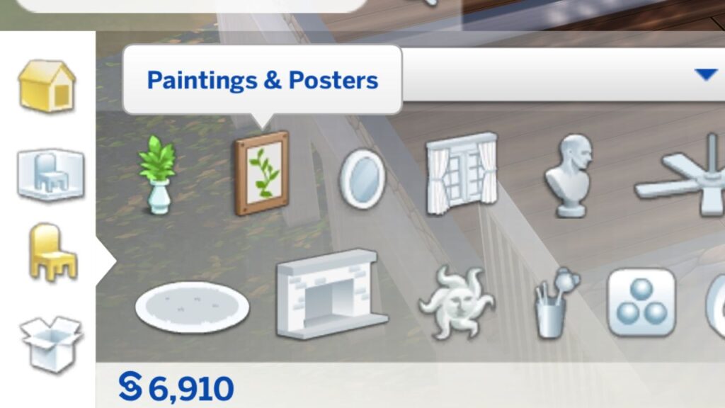 A screenshot from The Sims 4 showing the Paintings & Posters category in build mode
