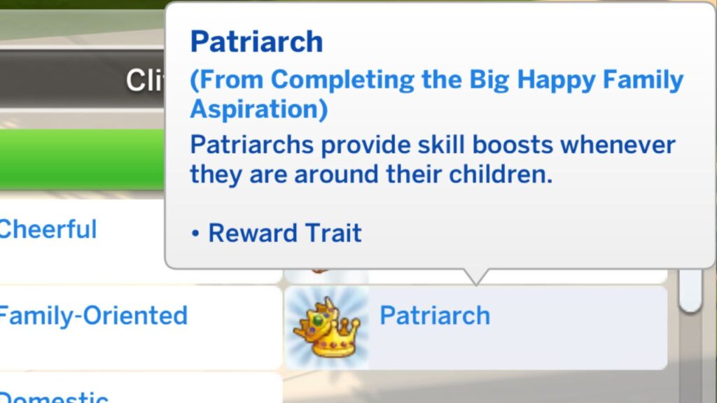 A screenshot from The Sims 4 showing the patriarch reward trait