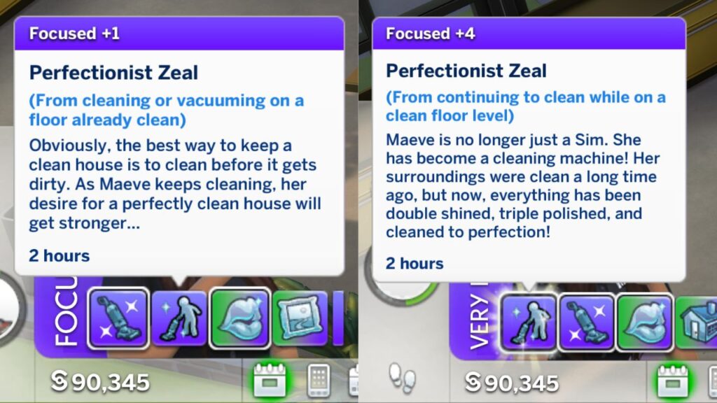 A screenshot from The Sims 4 showing the perfectionist zeal moodlets