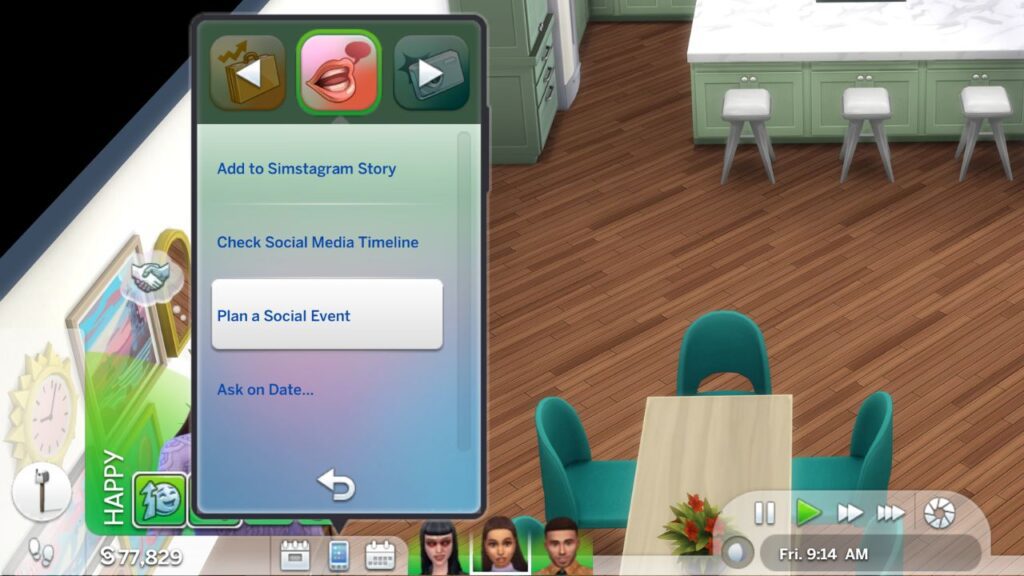 A screenshot from The Sims 4 showing a sim's phone in the social menu with Plan a Social Event highlighted