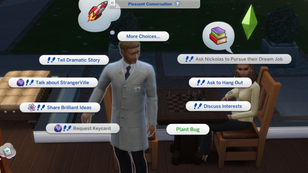 A screenshot from The Sims 4 showing the option to Plant a Bug on a sim 