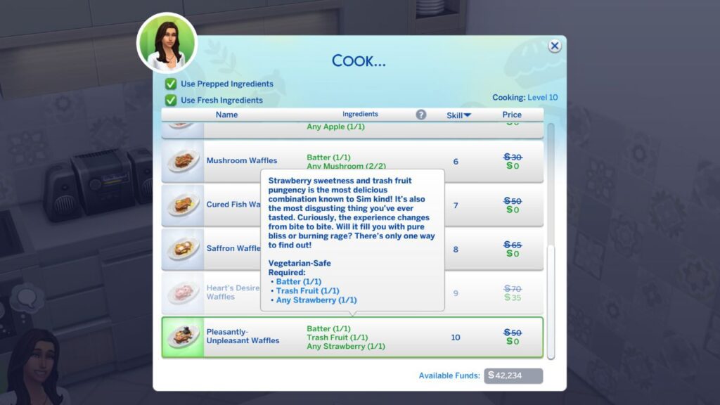 A screenshot from The Sims 4 showing the pleasantly unpleasant waffles