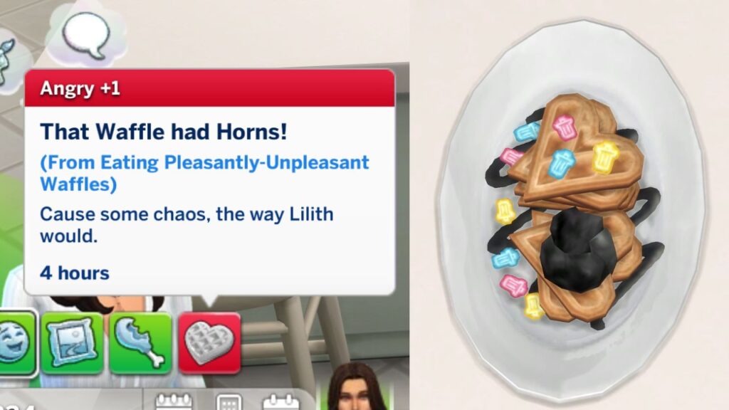 A screenshot from The Sims 4 showing the angry moodlet you get from eating pleasantly unpleasant waffles