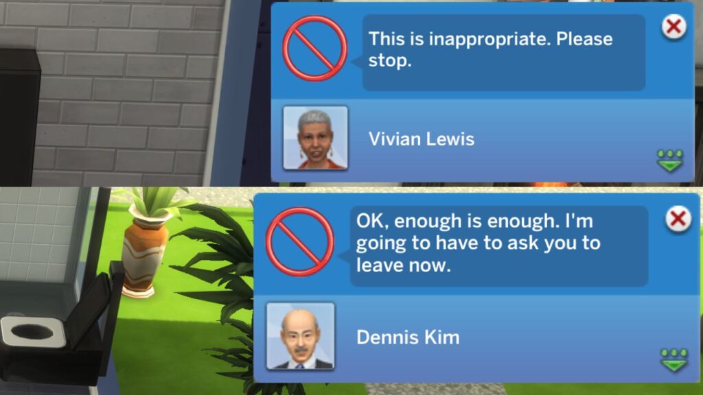 A screenshot from The Sims 4 showing two notifications from a sim clogging drains