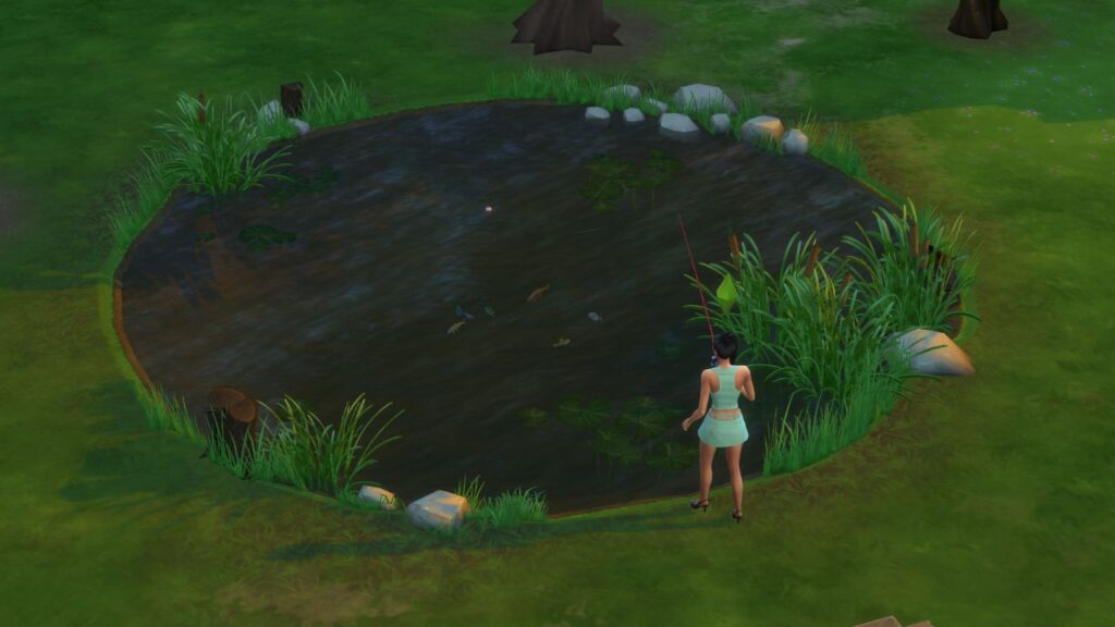 A screenshot from The Sims 4 showing a sim fishing at a pond in a park