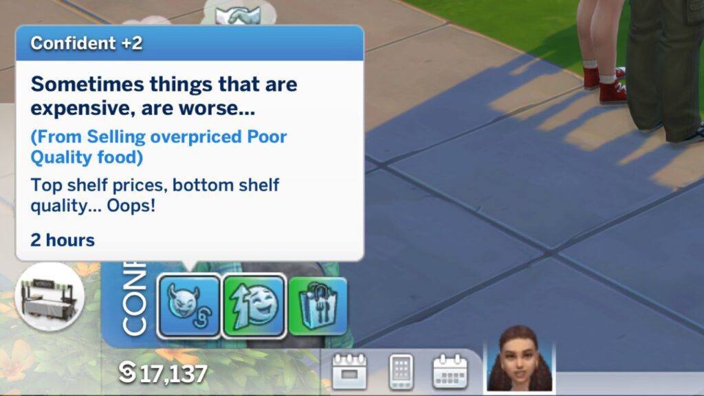 A screenshot from The Sims 4 showing the +2 confident moodlet a sim got from selling a poor quality pizza for over 100