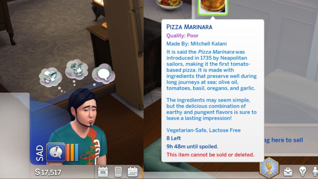 A screenshot from The Sims 4 showing a sim who is sad who made a poor quality pizza marinara