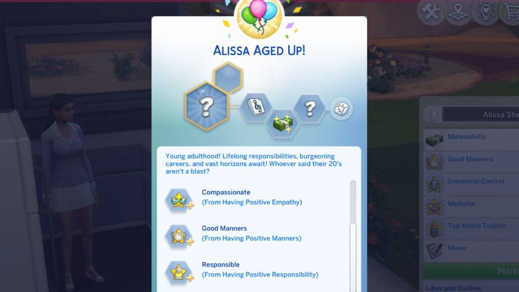 A screenshot from The Sims 4 showing a child aging up to young adult with positive character values