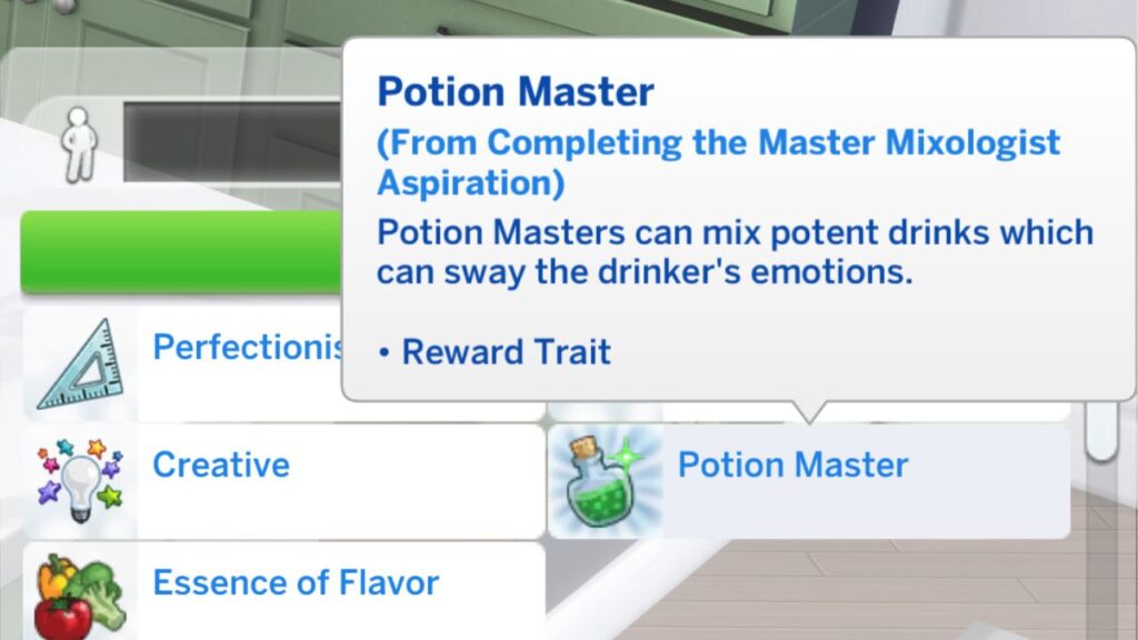 A screenshot from The Sims 4 showing the potion master reward trait