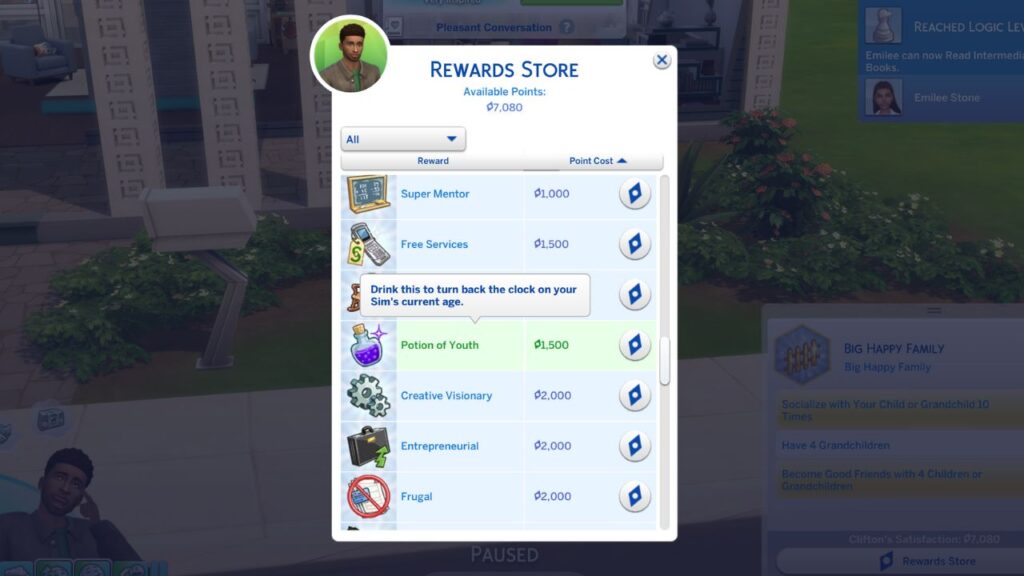 A screenshot from The Sims 4 showing the potion of youth you can purchase from the reward store
