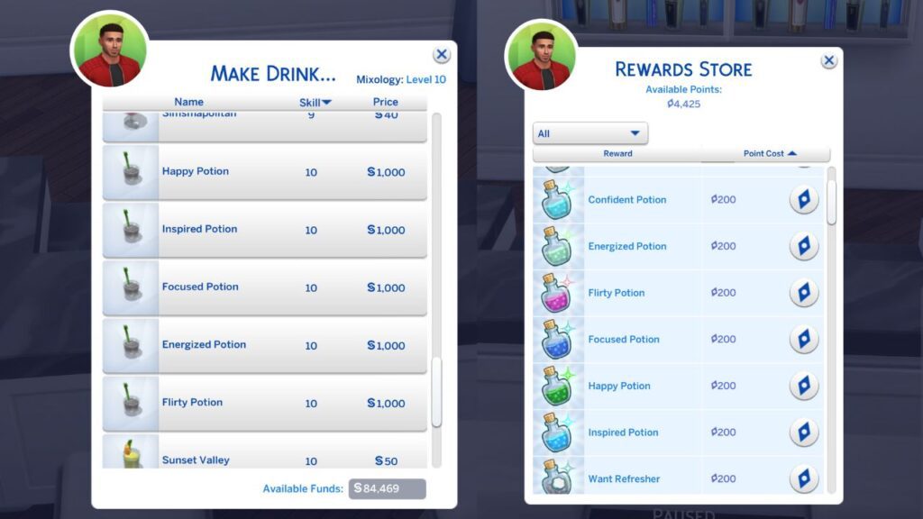 A screenshot from The Sims 4 showing the potion menu for mixology and the reward store potions
