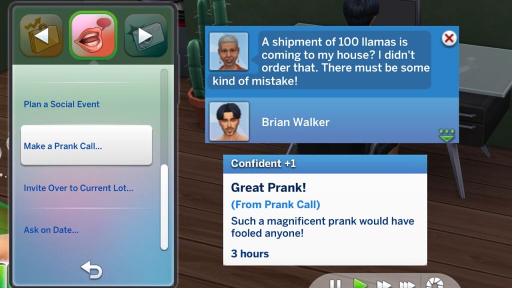 A screenshot from The Sims 4. It shows the option on a sim's phone to make a prank call, as well as the other sim's response and the moodlet you get when pulling a prank call.