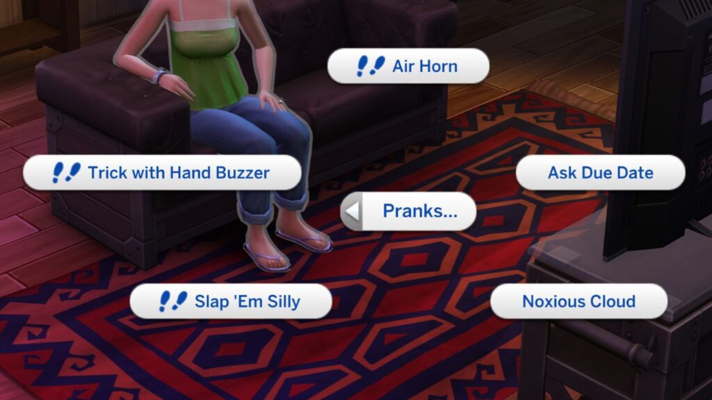 a screenshot from The sims 4 showing the social interactions to do pranks