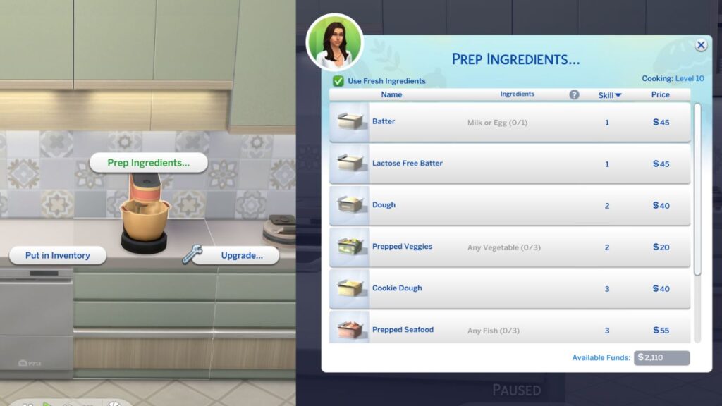 A screenshot from The Sims 4 showing how to prep ingredients for cooking