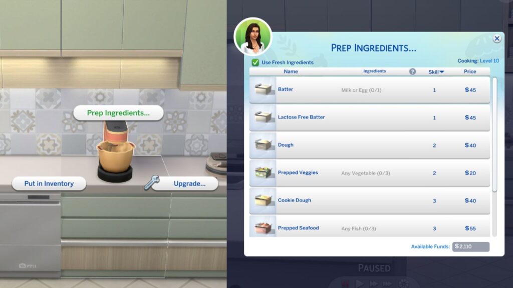 A screenshot from The Sims 4 showing the Prep Ingredients option on a stand mixer