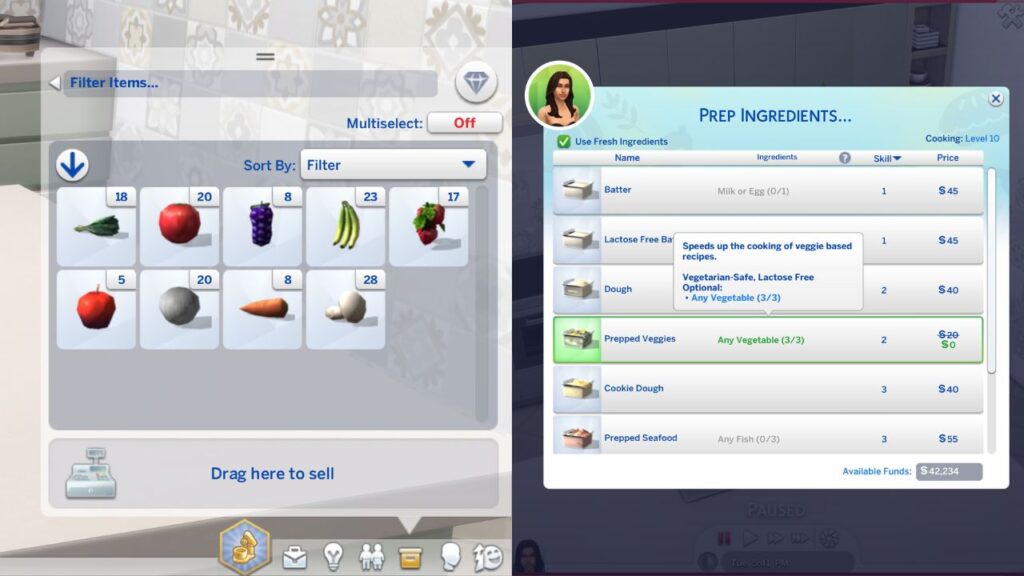 A screenshot from The Sims 4 showing a sim's inventory full of fruits and veggies and how to prep veggies with them