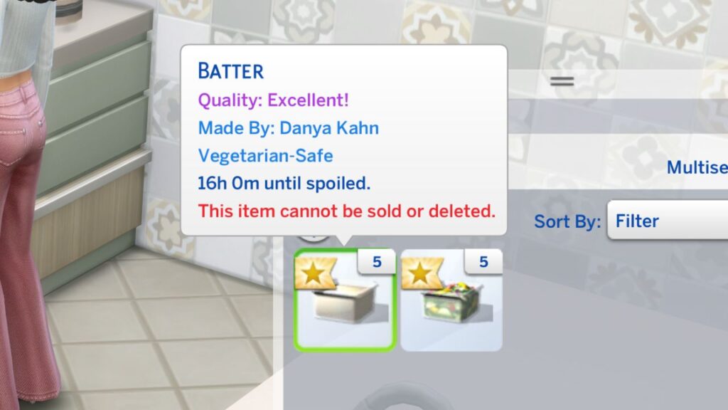 A screenshot from The Sims 4 showing a sim's prepped ingredients in their inventory
