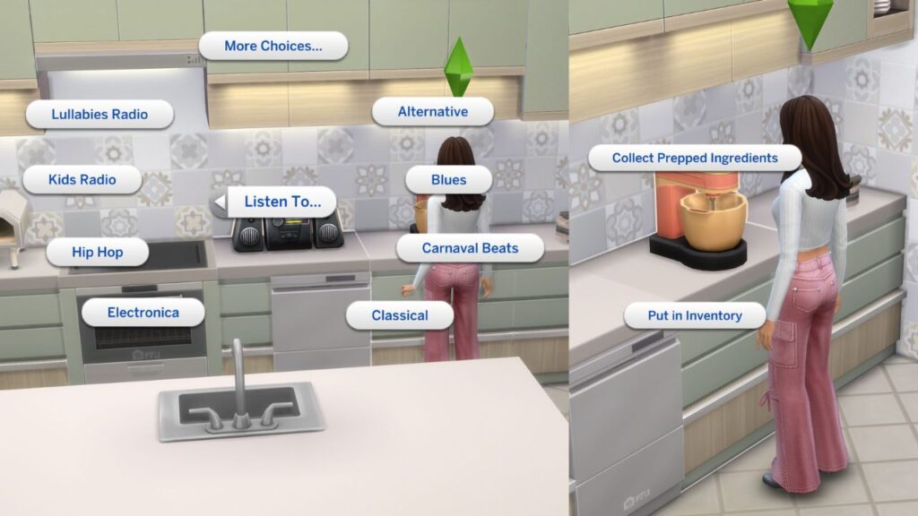 A screenshot from The Sims 4 showing how to listen to music to prep ingredients