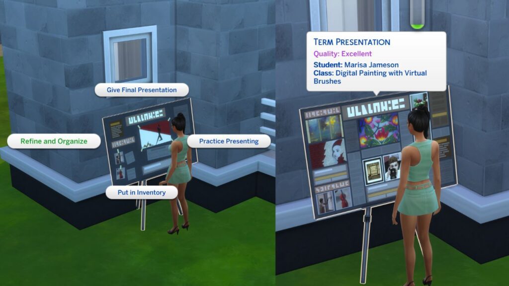 A screenshot from The Sims 4 showing the option to refine and organize a presentation and an excellent quality presentation