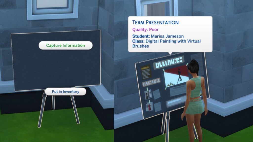 A screenshot from The Sims 4 showing a sim capturing information on a term presentation
