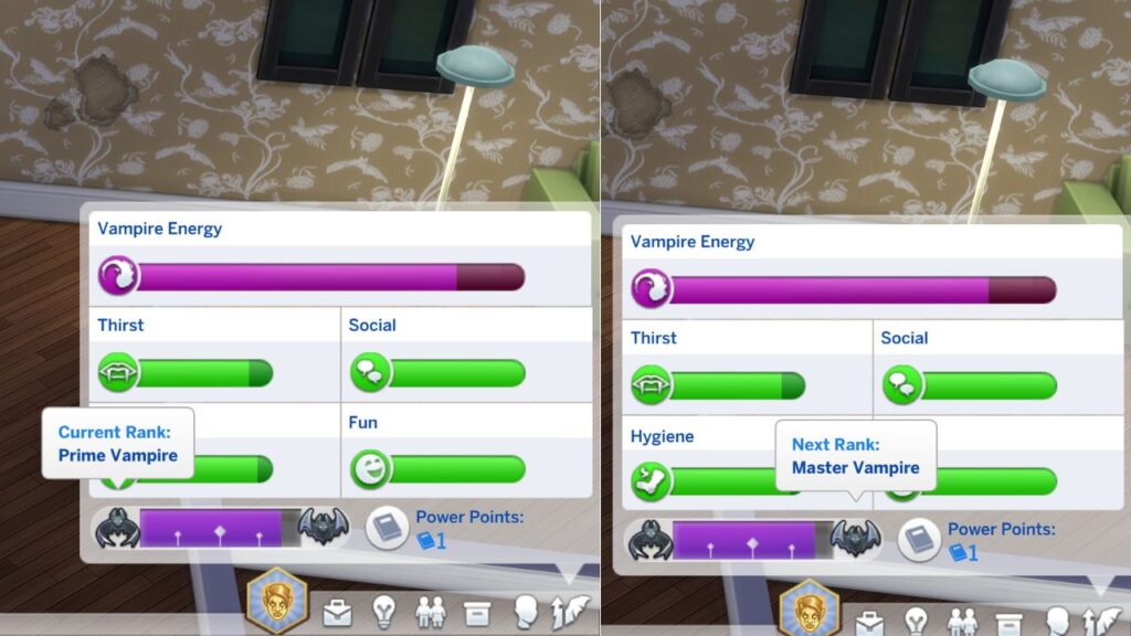 A screenshot from The Sims 4 showing the current rank of prime vampire and the next rank of master vampire