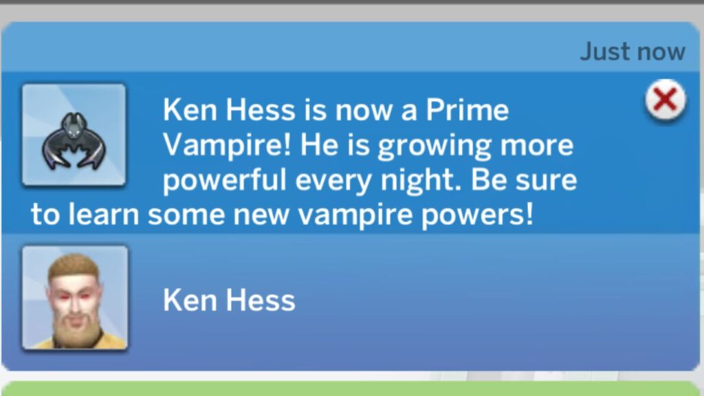 A screenshot from The Sims 4 showing the notification you get when you become a prime vampire 