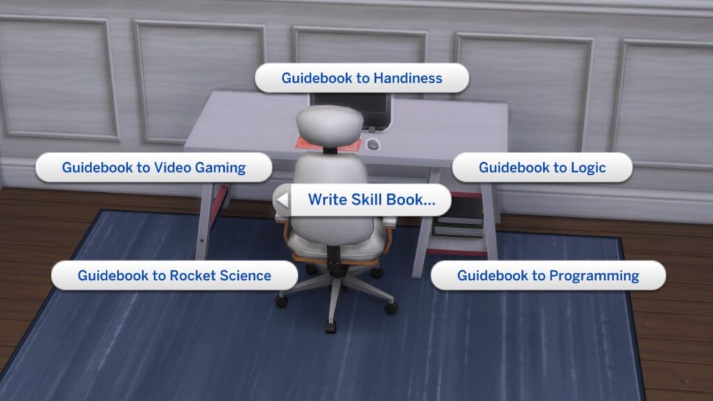 A screenshot from The Sims 4 showing the option to write skill books with the professorial trait