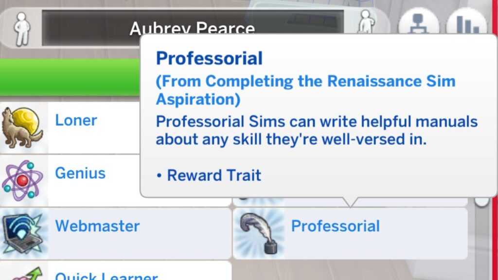 A screenshot from The Sims 4 showing the professorial reward trait