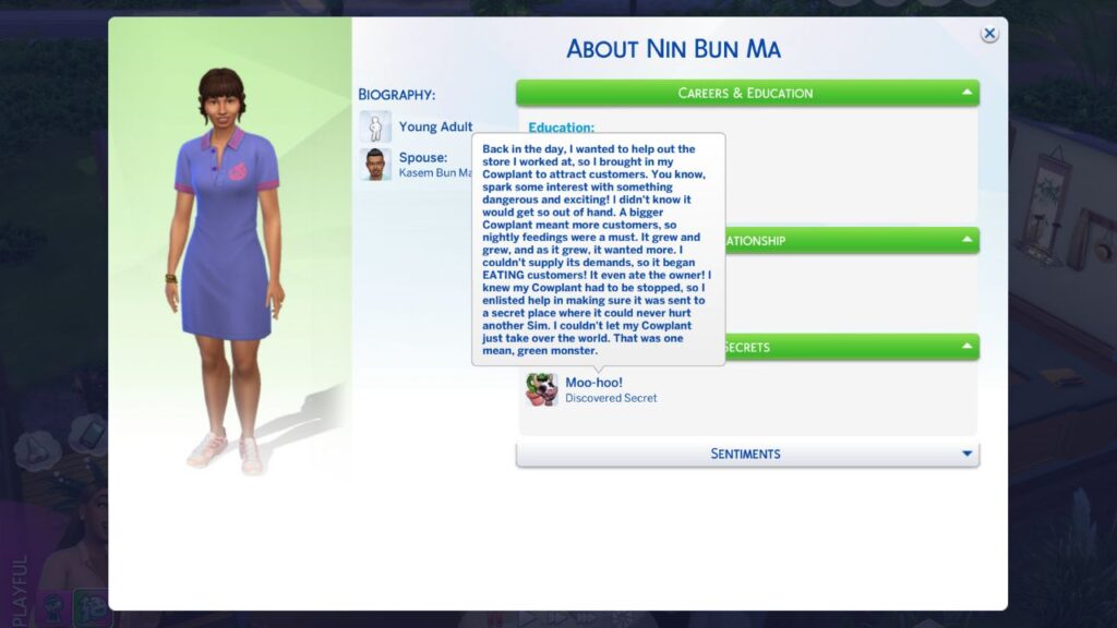 A screenshot from the sims 4 showing the profile for a sim with their secret being shown