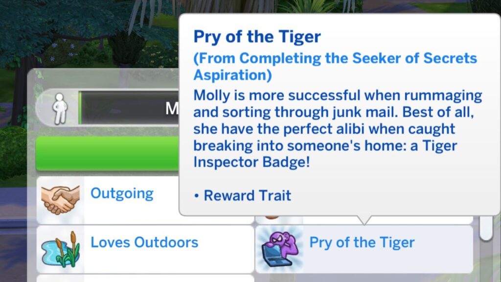A screenshot from The Sims 4 showing the pry of the tiger reward trait