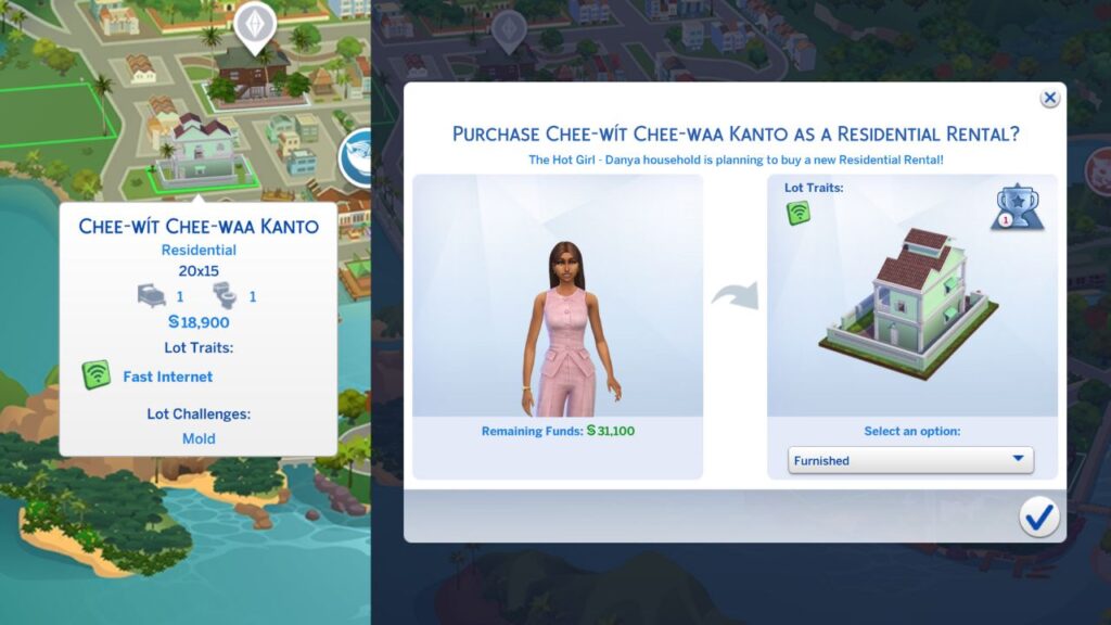 A screenshot from The Sims 4 showing the menus for buying a residential rental to be a property owner