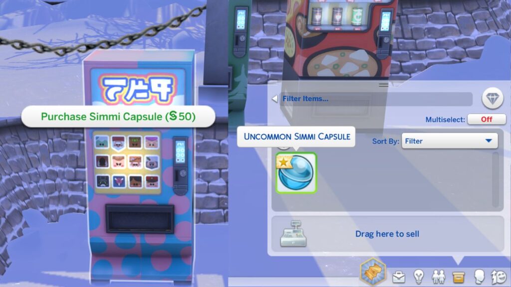 A screenshot from The Sims 4 showing the vending machine to purchase Simmi Capsules