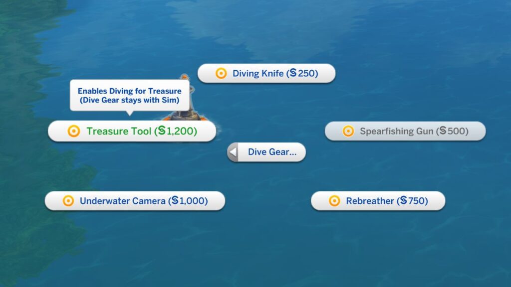 A screenshot from The Sims 4 showing how to purchase a treasure tool to dive for buried treasure