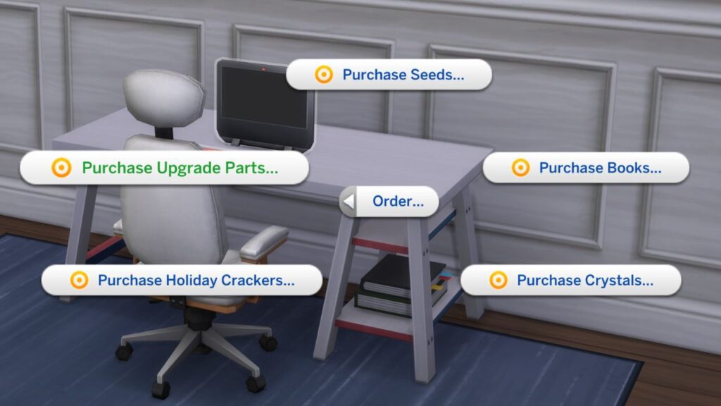 A screenshot from The Sims 4 showing the option to order upgrade parts on a computer