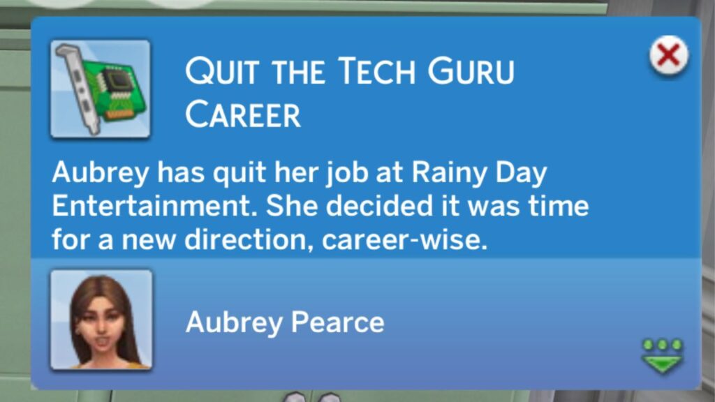 A screenshot from The Sims 4 showing the notification you get when you quit your career