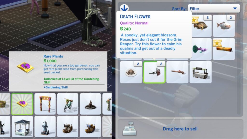 A screenshot from The Sims 4 showing a pack of rare plants and a death flower in a sim's inventory