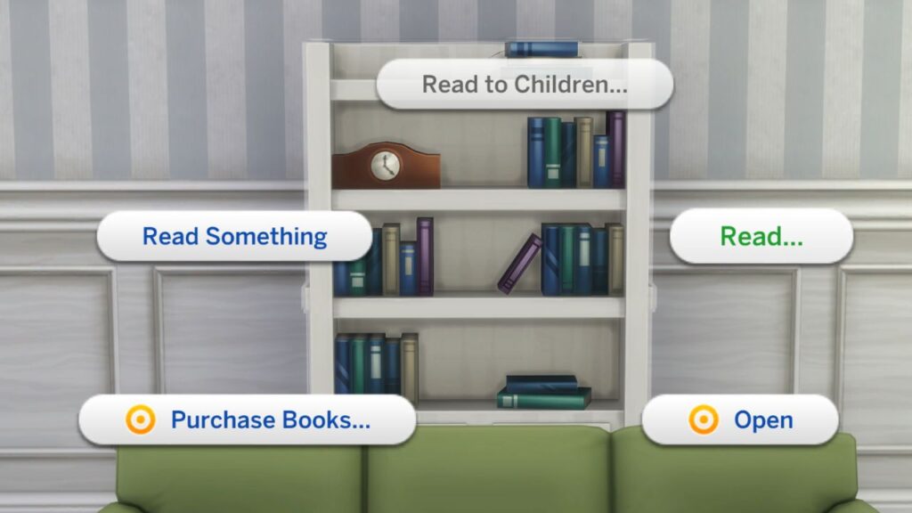 A screenshot from The Sims 4 showing how to read a book