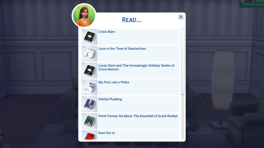 A screenshot from The Sims 4 showing the menu to choose a book to read