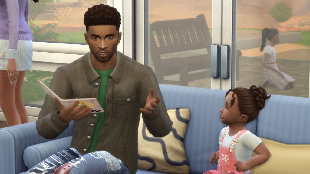A screenshot from the sims 4 showing a dad reading to their toddler