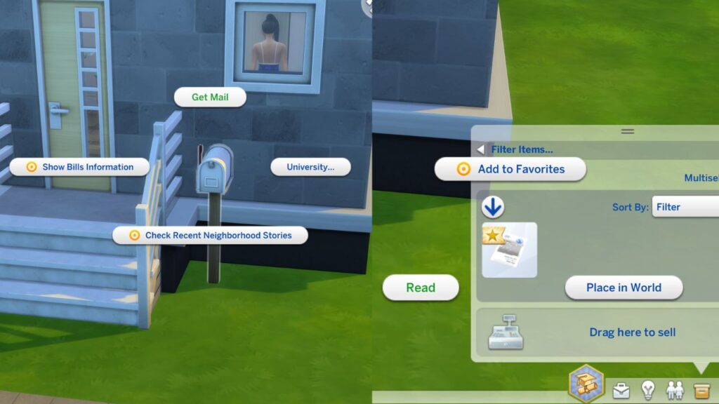 A screenshot from The Sims 4 showing how to get mail and read a university acceptance letter